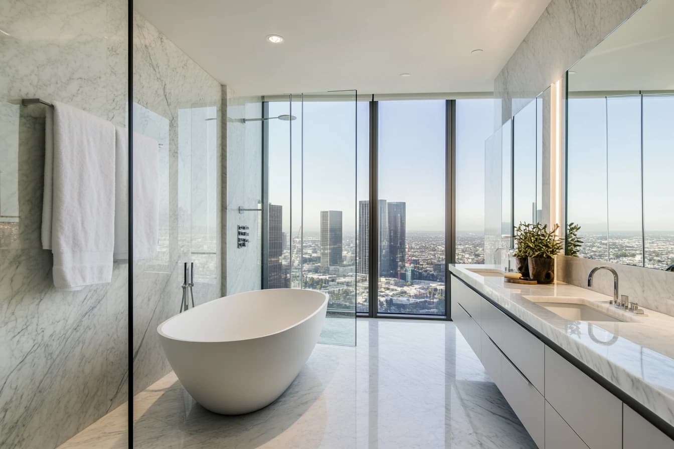 Master bedroom with floor-to-ceiling glass and soft lighting