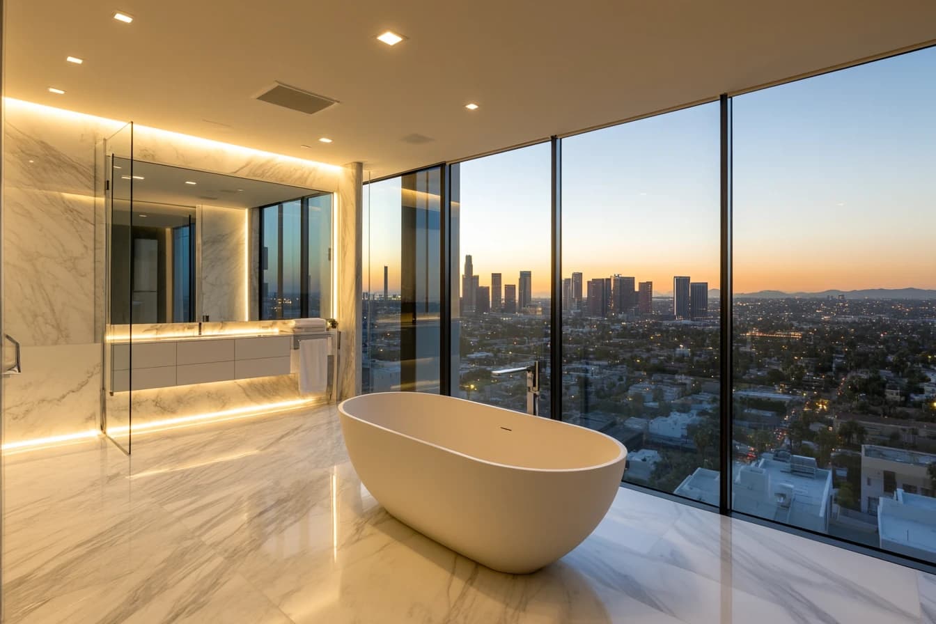Master bedroom with sunset views and modern lighting