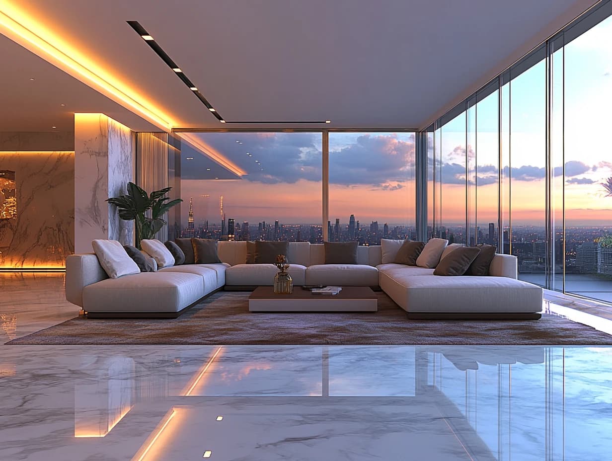 Penthouse living room with glass walls and skyline views