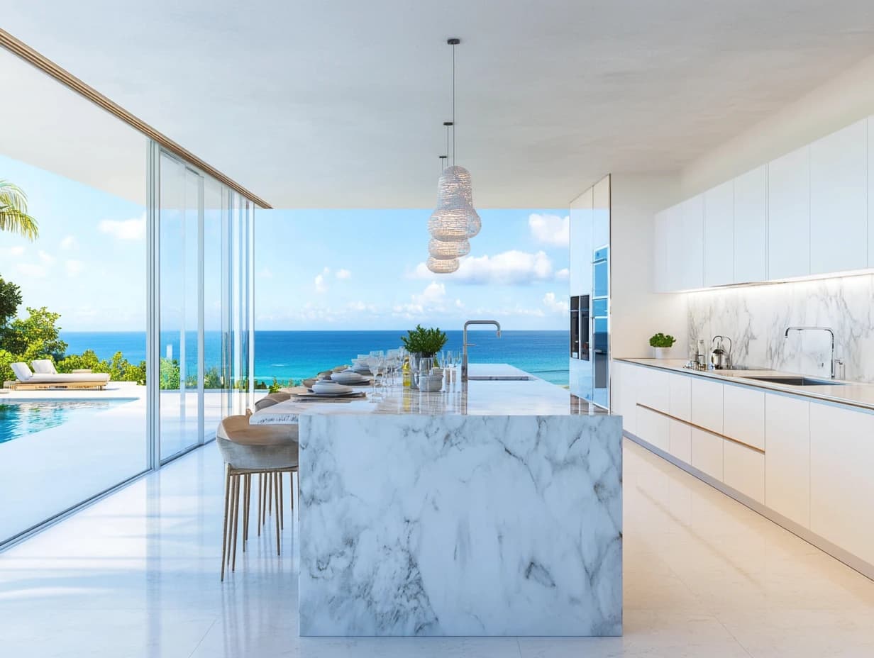 Living room with ocean-facing floor-to-ceiling glass walls